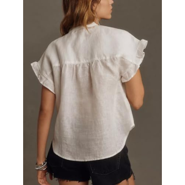 Women Button Down Shirt Short Cap Sleeve V Neck Collared Blouse Tops Loose Fit Smocked Tee Casual Summer Tops (White,X-Large)