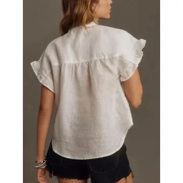 Women Button Down Shirt Short Cap Sleeve V Neck Collared Blouse Tops Loose Fit Smocked Tee Casual Summer Tops (White,X-Large)
