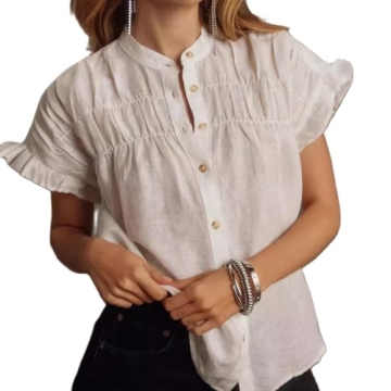 Women Button Down Shirt Short Cap Sleeve V Neck Collared Blouse Tops Loose Fit Smocked Tee Casual Summer Tops (White,X-Large)