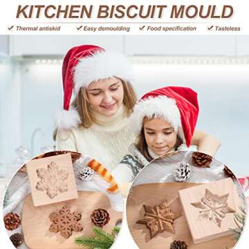 Meanplan Carved Wooden Cookie Mold, Baking Embossing Cookies Stamp Mold Cutter Funny 3D Heart Wood Rose Dessert Tools for Christmas Kitchen DIY Baking Tools (Heart Rose)(Snowflakes)