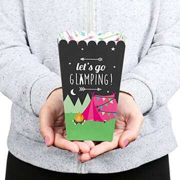 Big Dot of Happiness Let's Go Glamping - Camp Glamp Party or Birthday Party Favor Popcorn Treat Boxes - Set of 12