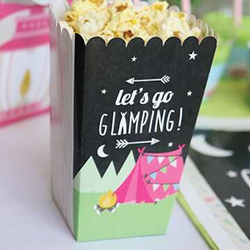 Big Dot of Happiness Let's Go Glamping - Camp Glamp Party or Birthday Party Favor Popcorn Treat Boxes - Set of 12