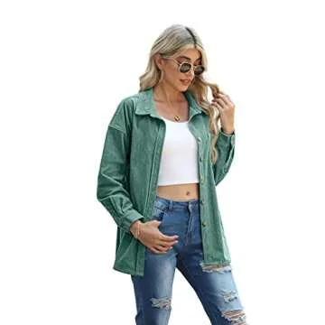 QIXING Womens 2024 Corduroy Button Down Shirt Casual Oversized Long Sleeve Blouses Tops Green-L