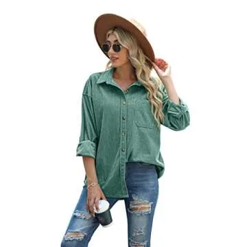 QIXING Womens 2024 Corduroy Button Down Shirt Casual Oversized Long Sleeve Blouses Tops Green-L