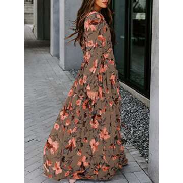 BLENCOT Women's Casual Boho Floral Printed Deep V Neck Loose Long Sleeve Long Evening Dress Ruched Cocktail Party Maxi Wedding Dress Brown X-Large