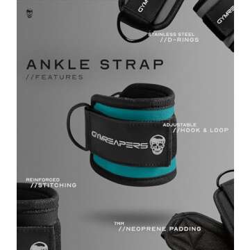 Gymreapers Ankle Straps (Pair) For Cable Machine Kickbacks, Glute Workouts, Lower Body Exercises - Adjustable Leg Straps with Neoprene Padding (Cyan, Pair)