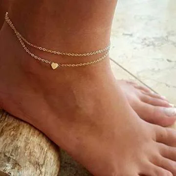 Turandoss Heart Initial Anklet Bracelet for Women, 14K Gold Filled Layered Ankle Bracelet Summer Boho Beach Minimalist Initial Anklet for Women Anklet With Initials A