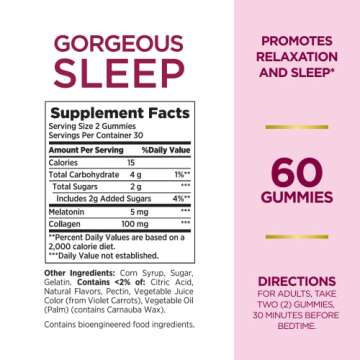 Nature's Bounty Optimal Solutions Gorgeous Sleep Melatonin 5mg Gummies with Collagen, Assorted Fruit Flavors, 60 Count