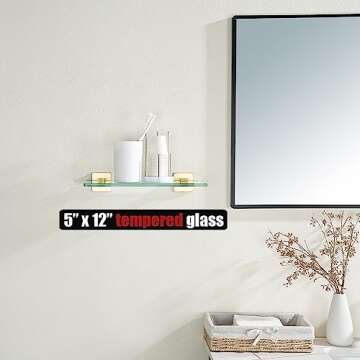 JQK Bathroom Glass Shelf, Floating Tempered Glass Shower Storage 12 by 5 inches, 304 Stainless Steel...