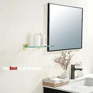 JQK Bathroom Glass Shelf, Floating Tempered Glass Shower Storage 12 by 5 inches, 304 Stainless Steel Brushed Gold Wall Mount 2 Pack, TGS201L12-BG-P2