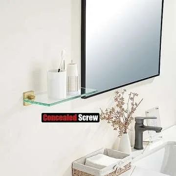 JQK Bathroom Glass Shelf, Floating Tempered Glass Shower Storage 12 by 5 inches, 304 Stainless Steel Brushed Gold Wall Mount 2 Pack, TGS201L12-BG-P2