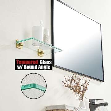 JQK Bathroom Glass Shelf, Floating Tempered Glass Shower Storage 12 by 5 inches, 304 Stainless Steel Brushed Gold Wall Mount 2 Pack, TGS201L12-BG-P2