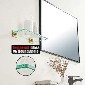 JQK Bathroom Glass Shelf, Floating Tempered Glass Shower Storage 12 by 5 inches, 304 Stainless Steel Brushed Gold Wall Mount 2 Pack, TGS201L12-BG-P2