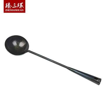 ZhenSanHuan Chinese Traditional HandMade Iron Spatula & Ladle Wok Tool Set,Long wok utensils (Ladle)