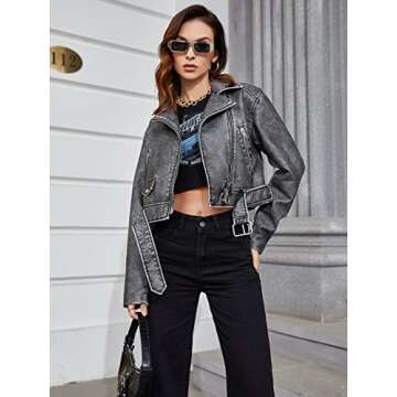 LY VAREY LIN Women Faux Leather Cropped Jacket Zipper Buckle Belted Long Sleeve Vintage Motorcycle O...