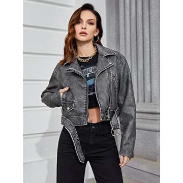 LY VAREY LIN Women Faux Leather Cropped Jacket Zipper Buckle Belted Long Sleeve Vintage Motorcycle Outwear