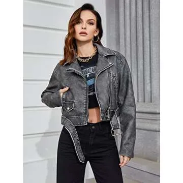 LY VAREY LIN Women Faux Leather Cropped Jacket Zipper Buckle Belted Long Sleeve Vintage Motorcycle Outwear