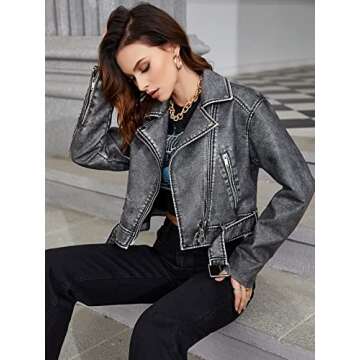 LY VAREY LIN Women Faux Leather Cropped Jacket Zipper Buckle Belted Long Sleeve Vintage Motorcycle Outwear