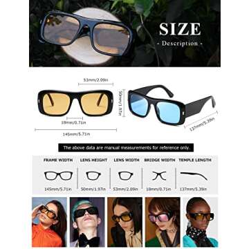 kimorn Sunglasses for Women Men Trendy Retro Fashion Sun Glasses 90’s Vintage Y2K Oversize Square Frame Shades K1337 (Black Yellow+Black Blue)