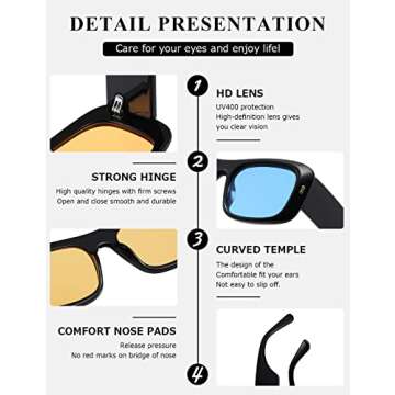 kimorn Sunglasses for Women Men Trendy Retro Fashion Sun Glasses 90’s Vintage Y2K Oversize Square Frame Shades K1337 (Black Yellow+Black Blue)