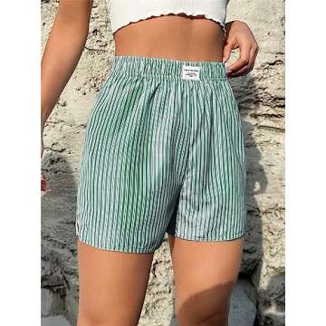 OYOANGLE Women's Summer Casual Striped Print Elastic Waist Mid Rise Straight Leg Shorts Green M