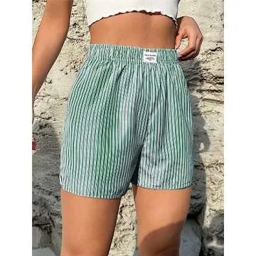OYOANGLE Women's Summer Casual Striped Print Elastic Waist Mid Rise Straight Leg Shorts Green M