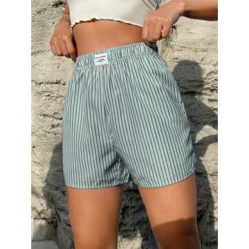 OYOANGLE Women's Summer Casual Striped Print Elastic Waist Mid Rise Straight Leg Shorts Green M
