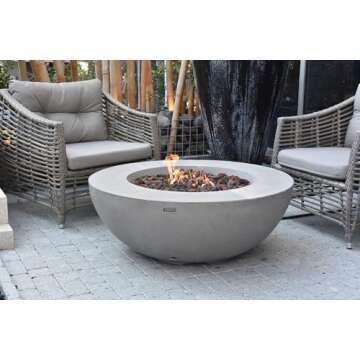 AMS Fireplace Elementi Lunar Bowl Cast Concrete Fire Table, Outdoor Fire Pit Fire TablePatio Furniture, Stainless Steel Burner, Canvas Cover and Lava Rock Included, Free Wind Guard (Natural Gas)