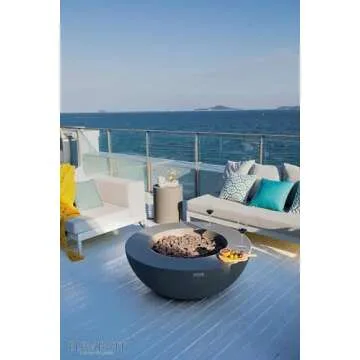 AMS Fireplace Elementi Lunar Bowl Cast Concrete Fire Table, Outdoor Fire Pit Fire TablePatio Furniture, Stainless Steel Burner, Canvas Cover and Lava Rock Included, Free Wind Guard (Natural Gas)