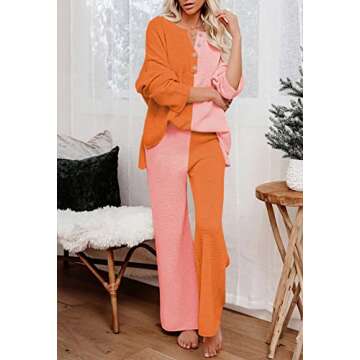 Pink Queen Women's 2 Piece Outfit Set Button Knit Pullover Sweater Top Wide Leg Pants Color Block Tracksuits Orange S