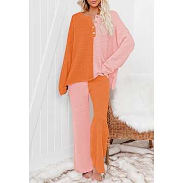 Pink Queen Women's 2 Piece Outfit Set Button Knit Pullover Sweater Top Wide Leg Pants Color Block Tracksuits Orange S