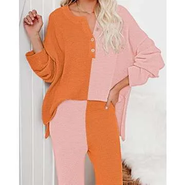 Pink Queen Women's 2 Piece Outfit Set Button Knit Pullover Sweater Top Wide Leg Pants Color Block Tracksuits Orange S