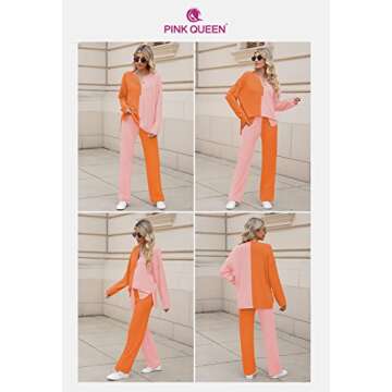 Pink Queen Women's 2 Piece Outfit Set Button Knit Pullover Sweater Top Wide Leg Pants Color Block Tracksuits Orange S