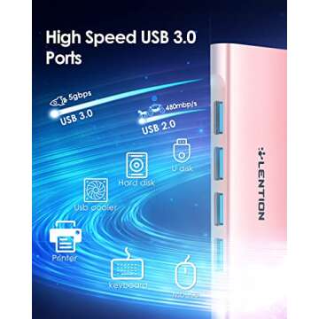 LENTION USB C Hub with 4 USB 3.0 & Type C Charging Compatible 2023-2016 MacBook Pro, New Mac Air, New Surface, Chromebook, More, Stable Driver Certified Type C Multiport Adapter (CB-C31, Rose Gold)