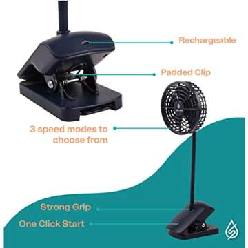 SELINA Rechargeable Clip-On Fan for Peloton Bike & Peloton Bike+, Portable USB Fan for Stroller, Deask & Treadmill - Versatile Exercise Fan with 3 Speed Levels for Continuous Power (Dark Navy)