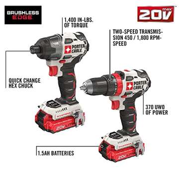 PORTER-CABLE 20V MAX Cordless Drill and Impact Driver, Power Tool Combo Kit with 2 Batteries and Cha...
