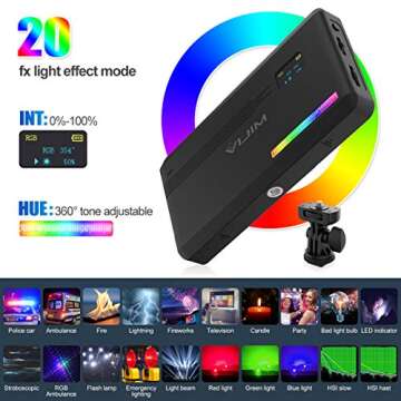 VIJIM VL196 RGB LED Video Light with Adjustable Stand,Dimmable 2500K-9000K Full Color 20 Lighting Ef...