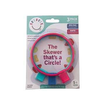 Skercle: the Skewer that's a Circle! Safe, enclosed circular skewers. Tapered Handle. Great for kids snacks, lunchboxes, finger food and party platters. Set of 3 with slim lightweight handle.