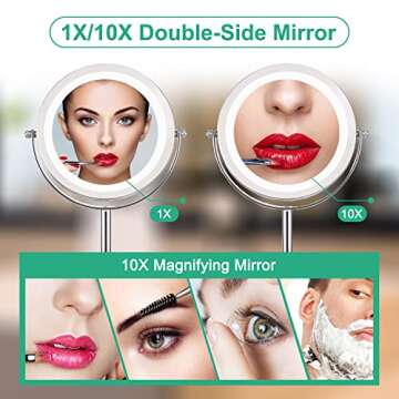 ALHAKIN Lighted Makeup Mirror, 10x Makeup Mirror with Lights, 7 Inch Double Sided Magnifying Vanity Mirror with 3 Color LED Dimmable Desk Lit Cosmetic Mirror