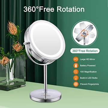 ALHAKIN Lighted Makeup Mirror, 10x Makeup Mirror with Lights, 7 Inch Double Sided Magnifying Vanity Mirror with 3 Color LED Dimmable Desk Lit Cosmetic Mirror