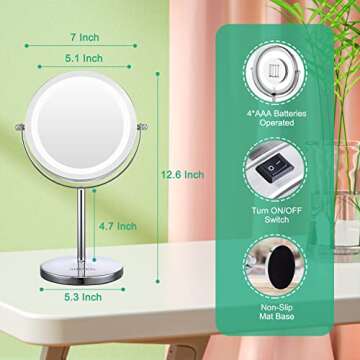 ALHAKIN Lighted Makeup Mirror, 10x Makeup Mirror with Lights, 7 Inch Double Sided Magnifying Vanity Mirror with 3 Color LED Dimmable Desk Lit Cosmetic Mirror