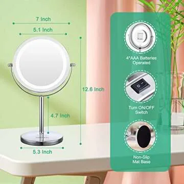 ALHAKIN Lighted Makeup Mirror, 10x Makeup Mirror with Lights, 7 Inch Double Sided Magnifying Vanity Mirror with 3 Color LED Dimmable Desk Lit Cosmetic Mirror
