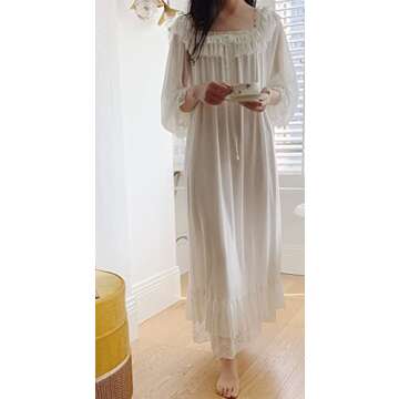 Airvid Women's Lace Vintage Victorian Nightgown Long Sleeve Sleepwear Nightdress (M, White#3)