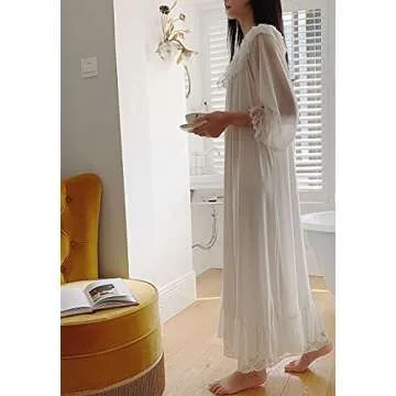 Airvid Women's Lace Vintage Victorian Nightgown Long Sleeve Sleepwear Nightdress (M, White#3)