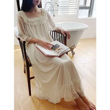 Airvid Women's Lace Vintage Victorian Nightgown Long Sleeve Sleepwear Nightdress (M, White#3)
