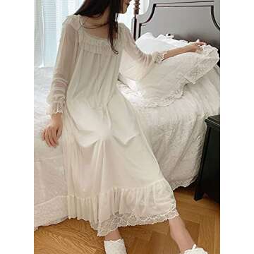 Airvid Women's Lace Vintage Victorian Nightgown Long Sleeve Sleepwear Nightdress (M, White#3)