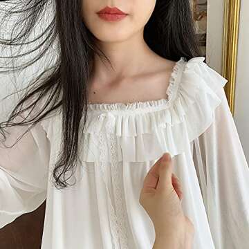 Airvid Women's Lace Vintage Victorian Nightgown Long Sleeve Sleepwear Nightdress (M, White#3)