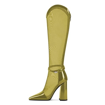 Elegant FSJ Women High Heel Mesh Knee High Boots 15 Olive