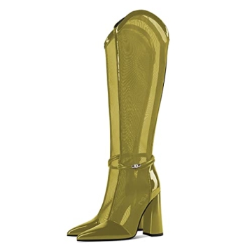 Elegant FSJ Women High Heel Mesh Knee High Boots 15 Olive