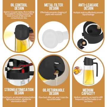 SWEET VIEW Oil Sprayer for Cooking, 16oz/470ml 2 In 1 Glass Olive Oil Sprayr & pourer for Kitchen, Air Fryer, Cooking, Salad, BBQ (Black)